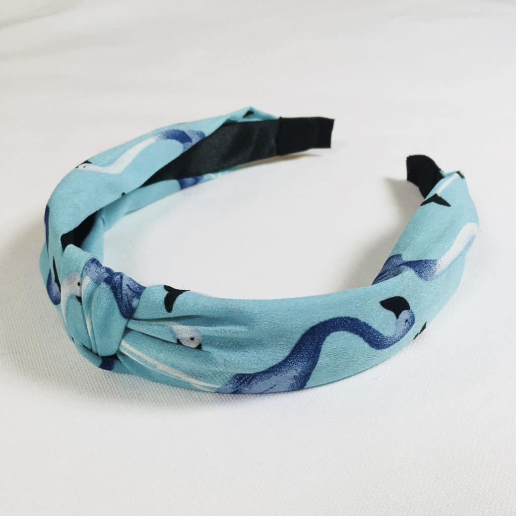 Serre-tête effet turban vintage bleu imprimé flamands roses