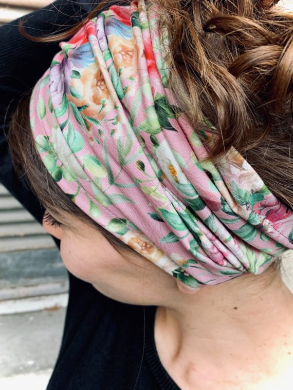 bandeau à cheveux pour alopécie à fleurs liberty rose