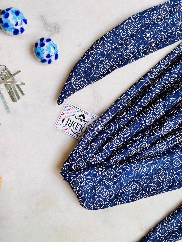 Bandeau à cheveux élastique étroit - Sashiko bleu