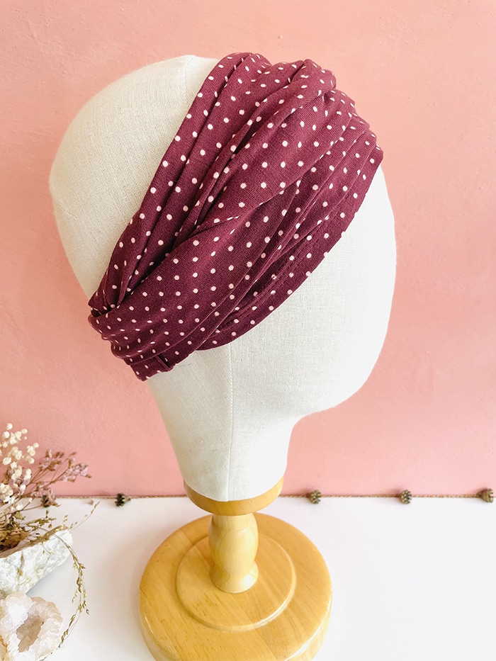 Bandeau tête entière pour chimiothérapie et pelade Pois bordeaux – Image 7