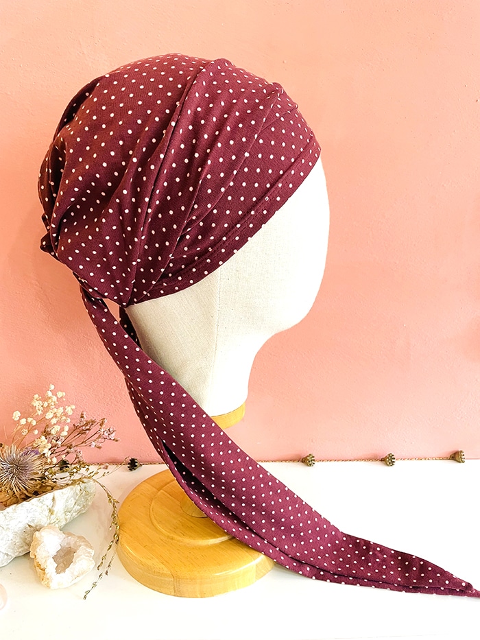 Bandeau tête entière pour chimiothérapie et pelade Pois bordeaux – Image 3