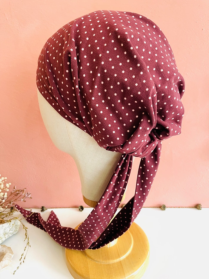Bandeau tête entière pour chimiothérapie et pelade Pois bordeaux – Image 6