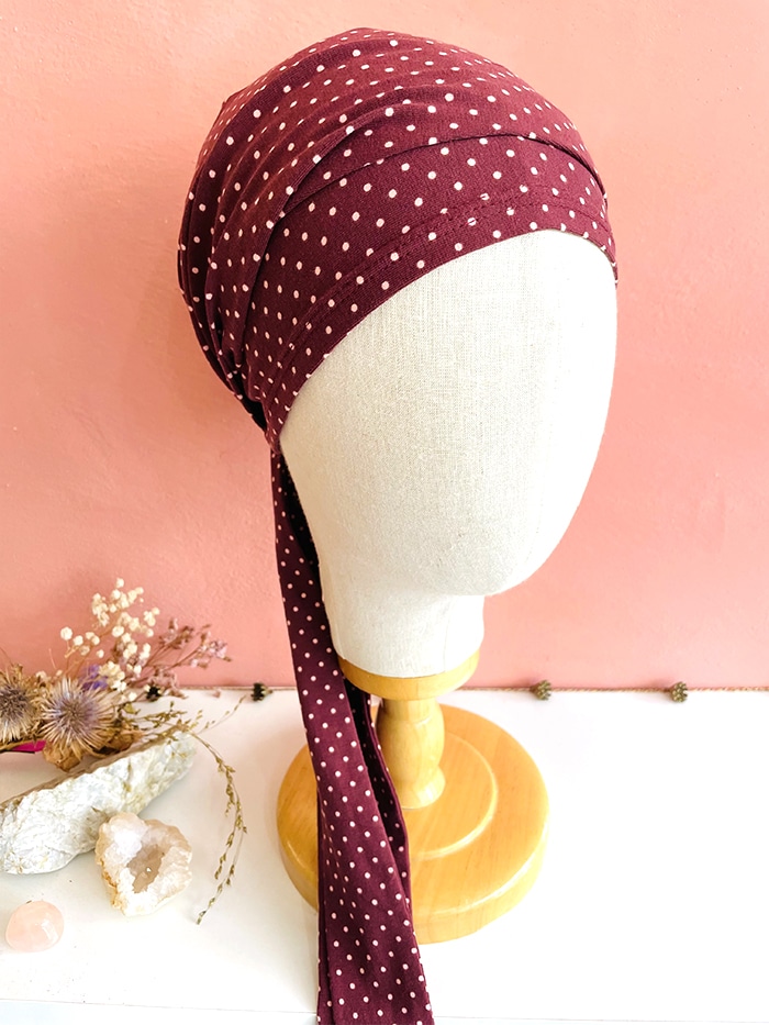 Bandeau tête entière pour chimiothérapie et pelade Pois bordeaux