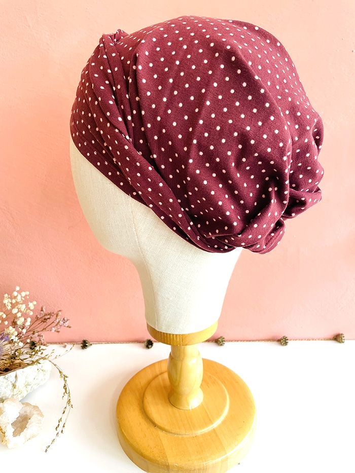 Bandeau tête entière pour chimiothérapie et pelade Pois bordeaux – Image 5