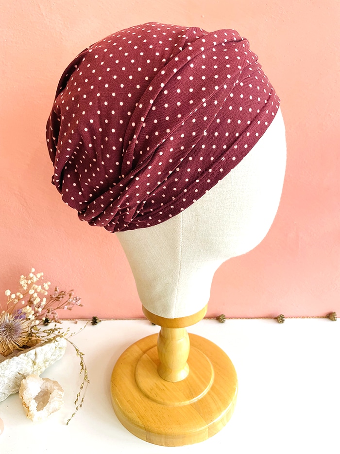 Bandeau tête entière pour chimiothérapie et pelade Pois bordeaux – Image 4